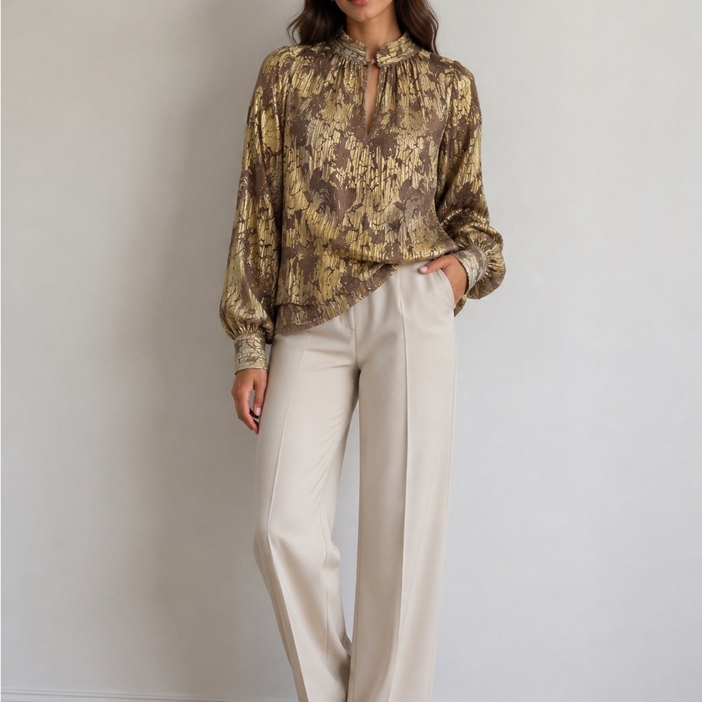 Maeve Metallic Gold Floral Blouse in Taupe